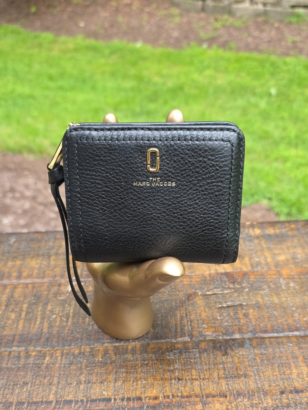 Marc Jacobs Black Pebbled Leather Zip Wallet with Gold Hardware